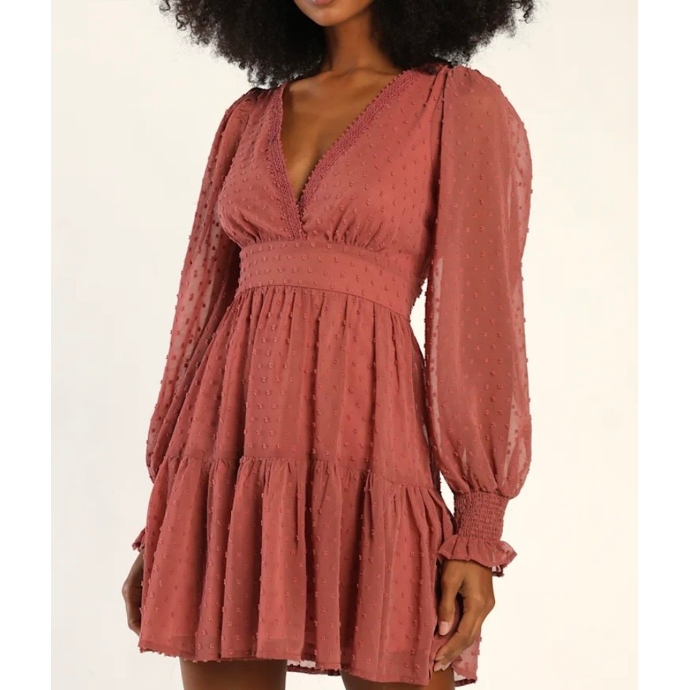 Lulus Charming Approach Rusty Rose‎ Swiss Dot Tiered Mini Dress Womens Small